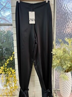 ZARA Black Wide-Leg Tie-Hem Trousers